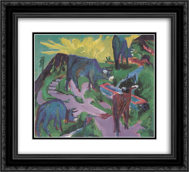 Cows at Sunset 22x20 Black Ornate Wood Framed Art Print Poster with Double Matting by Kirchner, Ernst Ludwig