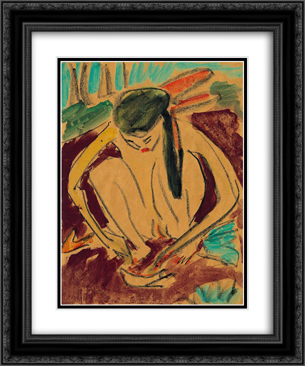 Crouching Girl 20x24 Black Ornate Wood Framed Art Print Poster with Double Matting by Kirchner, Ernst Ludwig