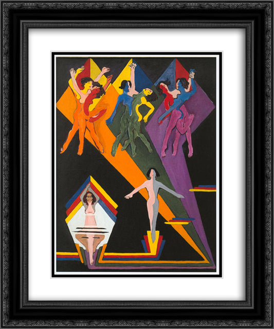 Dancing Girls in Colourful Rays 20x24 Black Ornate Wood Framed Art Print Poster with Double Matting by Kirchner, Ernst Ludwig