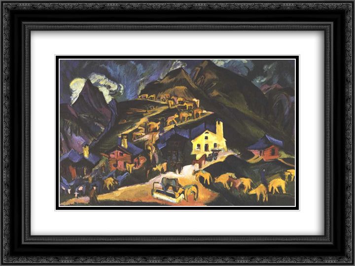 Farmers Driving Cattle to a Alpine Pasture 24x18 Black Ornate Wood Framed Art Print Poster with Double Matting by Kirchner, Ernst Ludwig