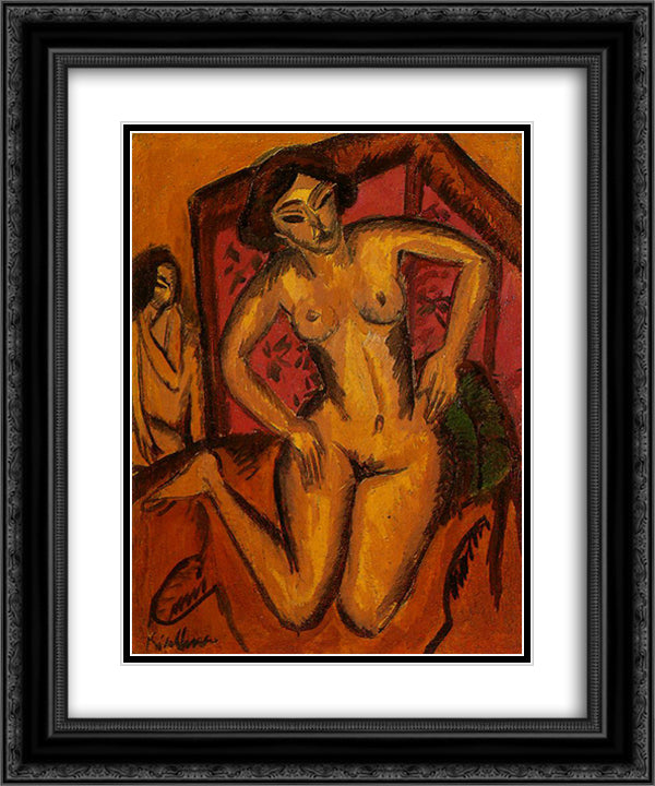 Female Nude Kneeling before a Red Screen 20x24 Black Ornate Wood Framed Art Print Poster with Double Matting by Kirchner, Ernst Ludwig