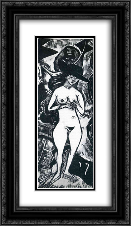 Female Nude with Black Hat 14x24 Black Ornate Wood Framed Art Print Poster with Double Matting by Kirchner, Ernst Ludwig