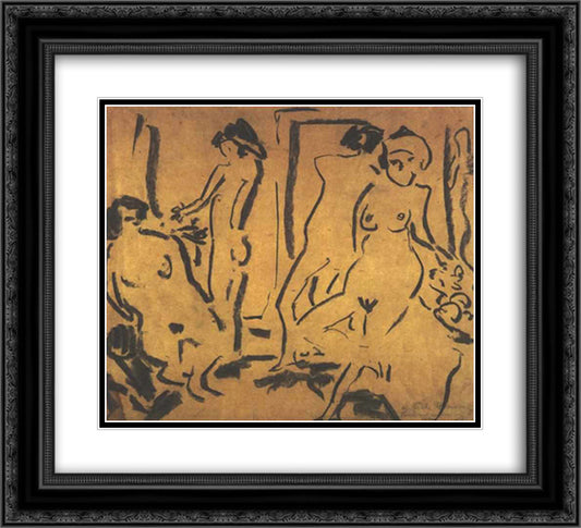 Female Nudes in a Atelier 22x20 Black Ornate Wood Framed Art Print Poster with Double Matting by Kirchner, Ernst Ludwig