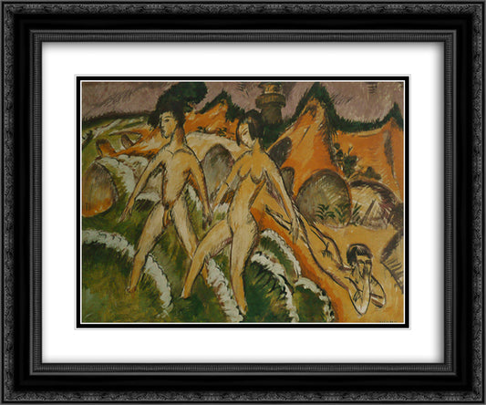 Female Nudes Striding into the Sea 24x20 Black Ornate Wood Framed Art Print Poster with Double Matting by Kirchner, Ernst Ludwig