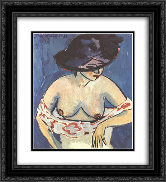 Half-Naked Woman with a Hat 20x22 Black Ornate Wood Framed Art Print Poster with Double Matting by Kirchner, Ernst Ludwig