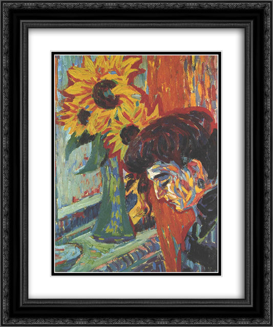 Head of a Woman in Front of Sunflowers 20x24 Black Ornate Wood Framed Art Print Poster with Double Matting by Kirchner, Ernst Ludwig