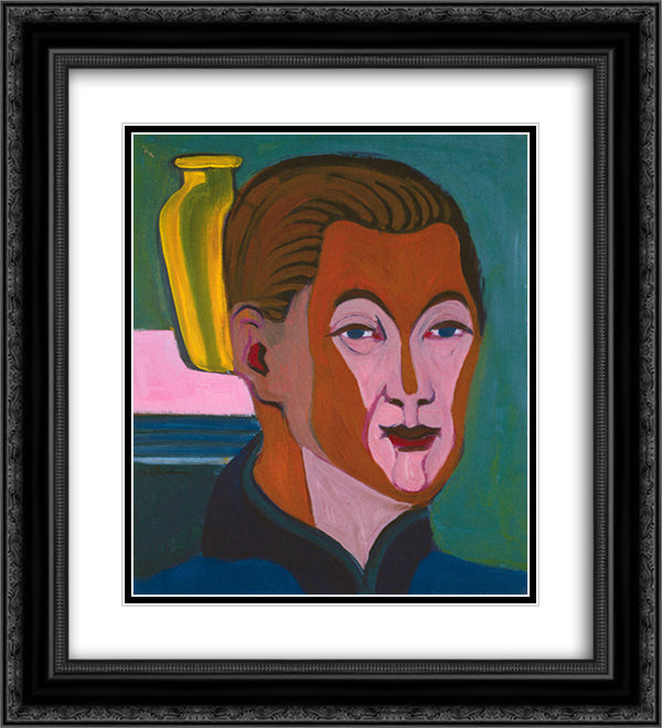 Head of the Painter (Self-portrait) 20x22 Black Ornate Wood Framed Art Print Poster with Double Matting by Kirchner, Ernst Ludwig