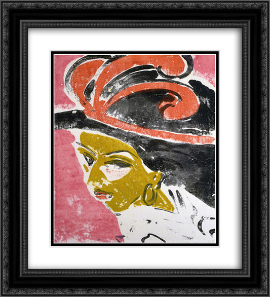 Kokottenkopf with Feathered Hat 20x22 Black Ornate Wood Framed Art Print Poster with Double Matting by Kirchner, Ernst Ludwig