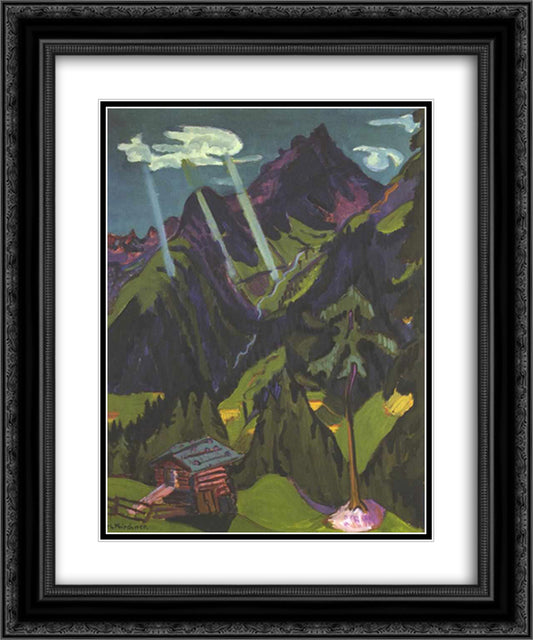 Landscape in Graubunder with Sun Rays 20x24 Black Ornate Wood Framed Art Print Poster with Double Matting by Kirchner, Ernst Ludwig