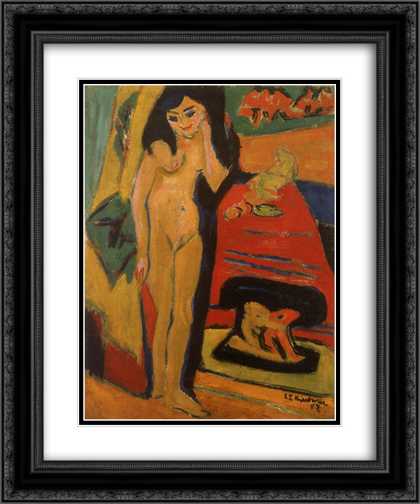 Naked girl Behind the Curtain (Franzi) 20x24 Black Ornate Wood Framed Art Print Poster with Double Matting by Kirchner, Ernst Ludwig