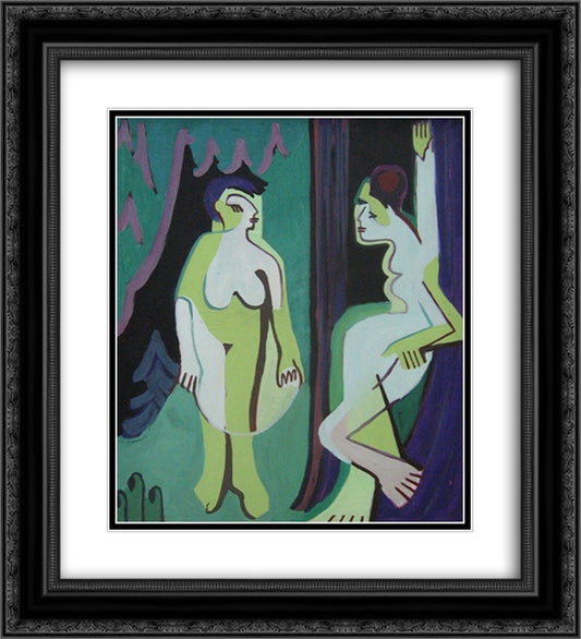Naked Women on Meadow 20x22 Black Ornate Wood Framed Art Print Poster with Double Matting by Kirchner, Ernst Ludwig