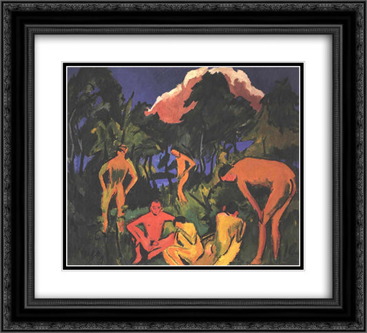 Nudes in the Sun 22x20 Black Ornate Wood Framed Art Print Poster with Double Matting by Kirchner, Ernst Ludwig
