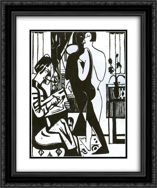 Painter and Modell 20x24 Black Ornate Wood Framed Art Print Poster with Double Matting by Kirchner, Ernst Ludwig