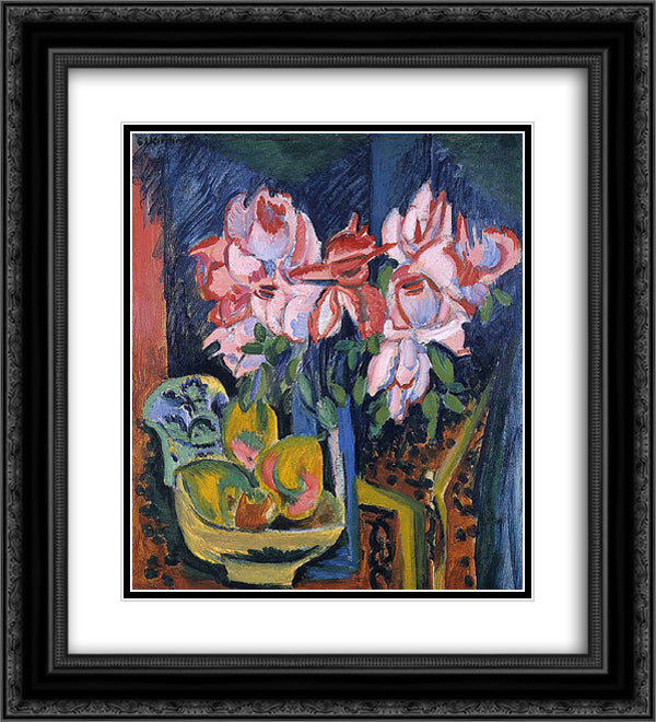 Pink Roses 20x22 Black Ornate Wood Framed Art Print Poster with Double Matting by Kirchner, Ernst Ludwig