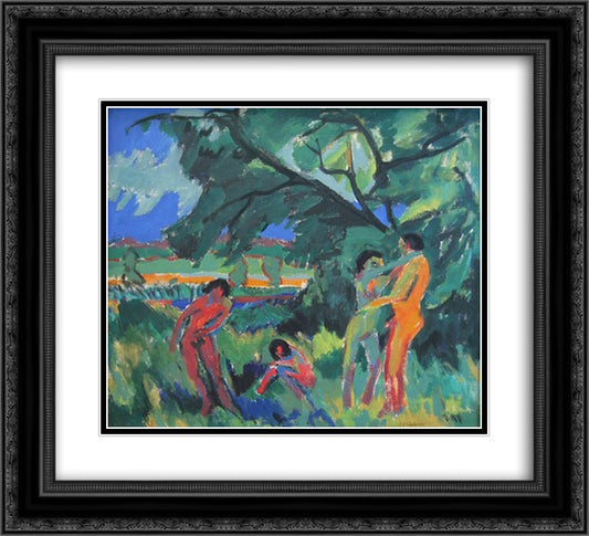 Playing Naked People 22x20 Black Ornate Wood Framed Art Print Poster with Double Matting by Kirchner, Ernst Ludwig