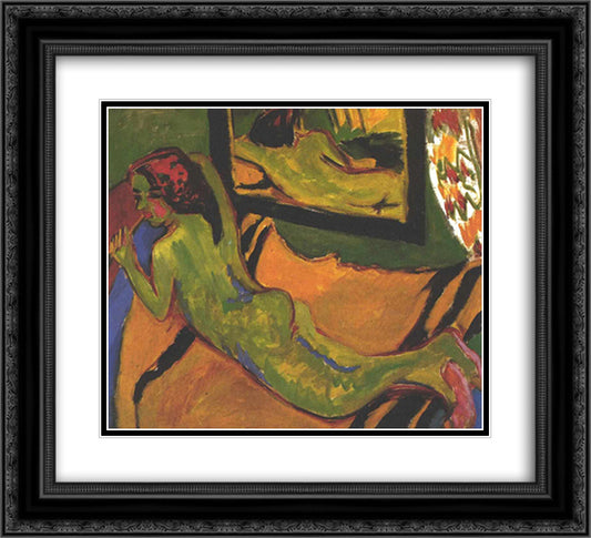 Reclining Female Nude in Front of a Mirror 22x20 Black Ornate Wood Framed Art Print Poster with Double Matting by Kirchner, Ernst Ludwig