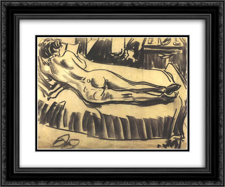 Reclining Female Nude on a Couch 24x20 Black Ornate Wood Framed Art Print Poster with Double Matting by Kirchner, Ernst Ludwig