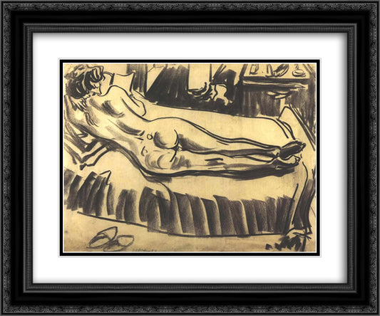 Reclining Female Nude on a Couch 24x20 Black Ornate Wood Framed Art Print Poster with Double Matting by Kirchner, Ernst Ludwig