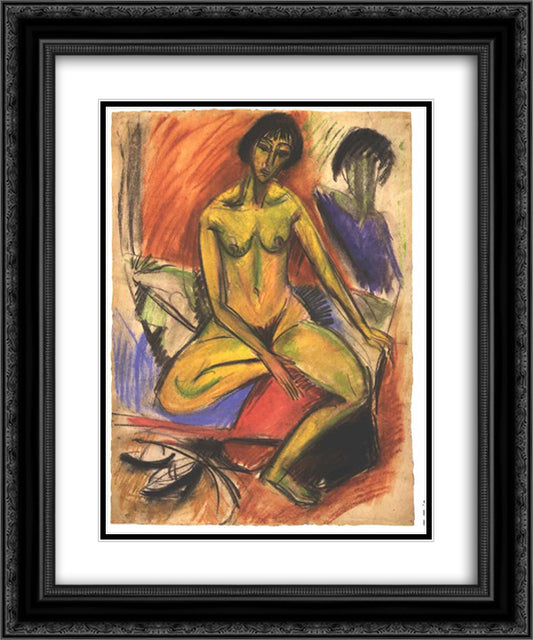 Seated Female Nude 20x24 Black Ornate Wood Framed Art Print Poster with Double Matting by Kirchner, Ernst Ludwig