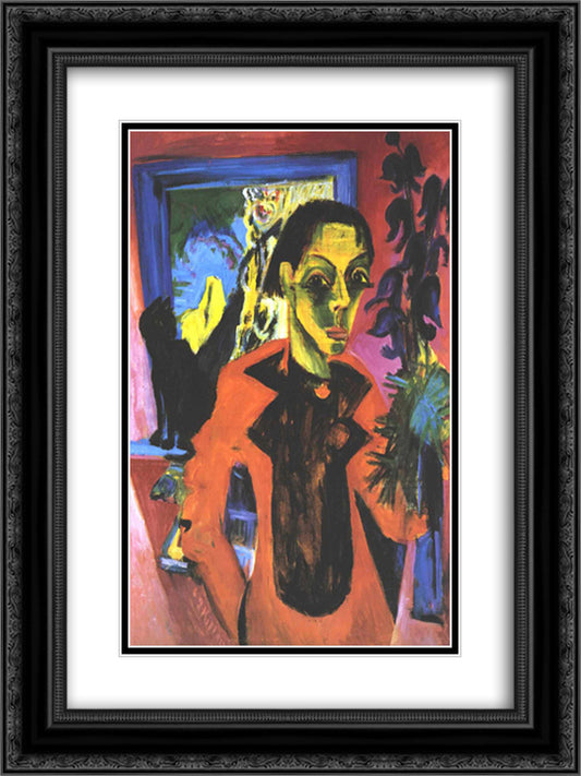 Self Portrfait with Cat 18x24 Black Ornate Wood Framed Art Print Poster with Double Matting by Kirchner, Ernst Ludwig