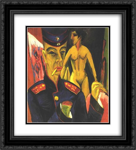 Self-Portrait as a Soldier 20x22 Black Ornate Wood Framed Art Print Poster with Double Matting by Kirchner, Ernst Ludwig