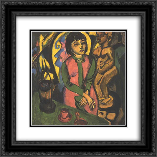 Sitting Woman with a Wooden Sculpture 20x20 Black Ornate Wood Framed Art Print Poster with Double Matting by Kirchner, Ernst Ludwig