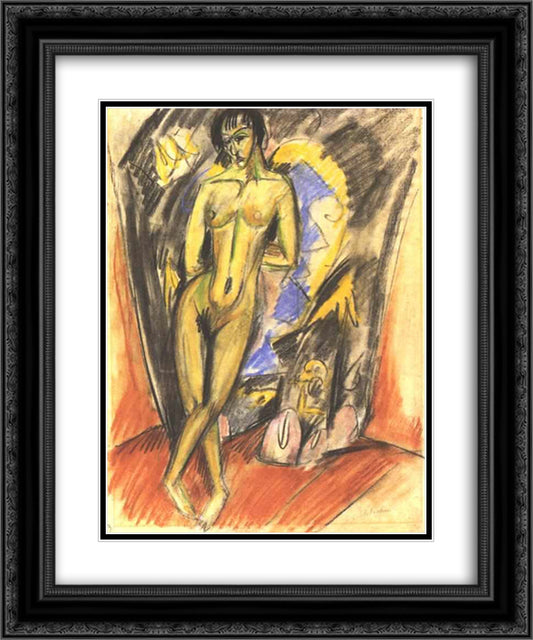 Standing Female Nude in Frot of a Tent 20x24 Black Ornate Wood Framed Art Print Poster with Double Matting by Kirchner, Ernst Ludwig