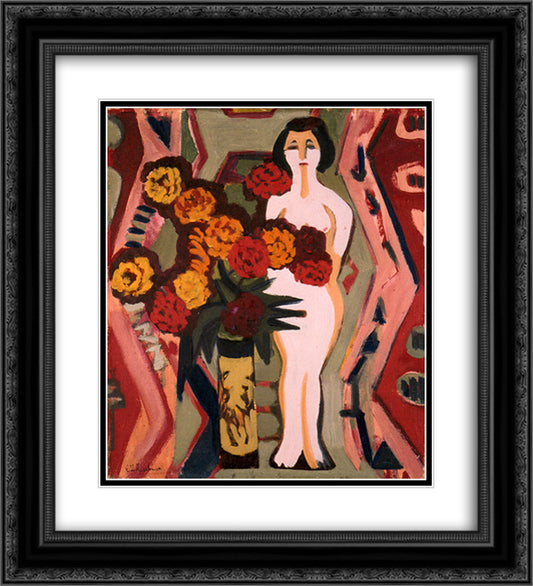 Still Life with Sculpture 20x22 Black Ornate Wood Framed Art Print Poster with Double Matting by Kirchner, Ernst Ludwig