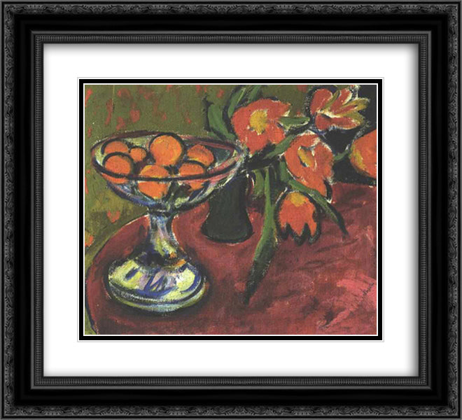 Still Live with Tulips and Oranges 22x20 Black Ornate Wood Framed Art Print Poster with Double Matting by Kirchner, Ernst Ludwig