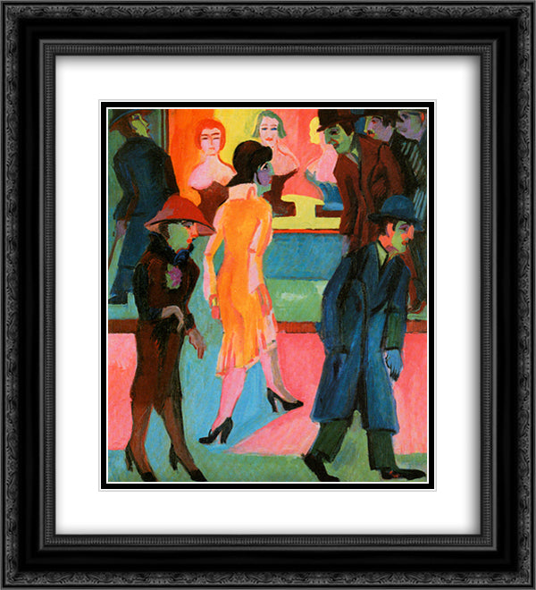 Street Scene in front of a Barbershop 20x22 Black Ornate Wood Framed Art Print Poster with Double Matting by Kirchner, Ernst Ludwig