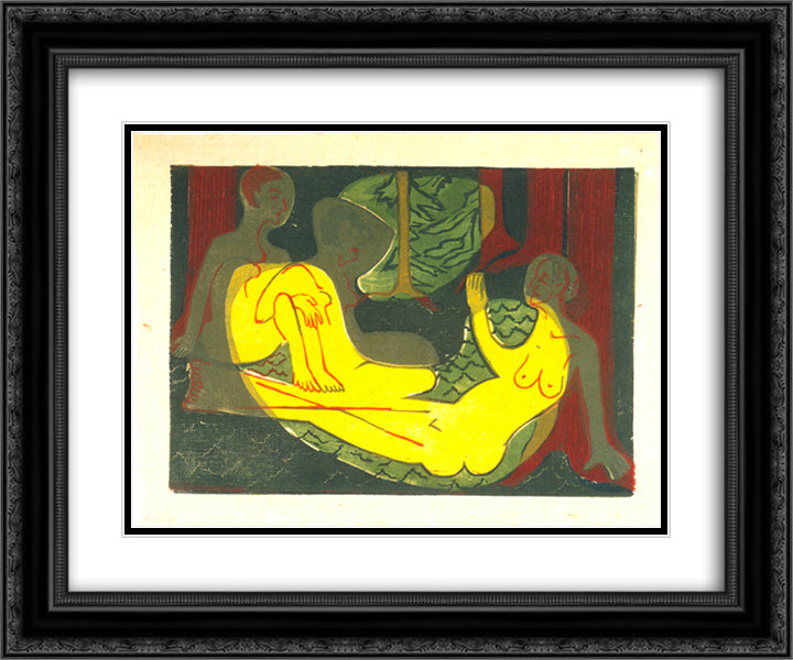 Three Nudes in the Forest 24x20 Black Ornate Wood Framed Art Print Poster with Double Matting by Kirchner, Ernst Ludwig