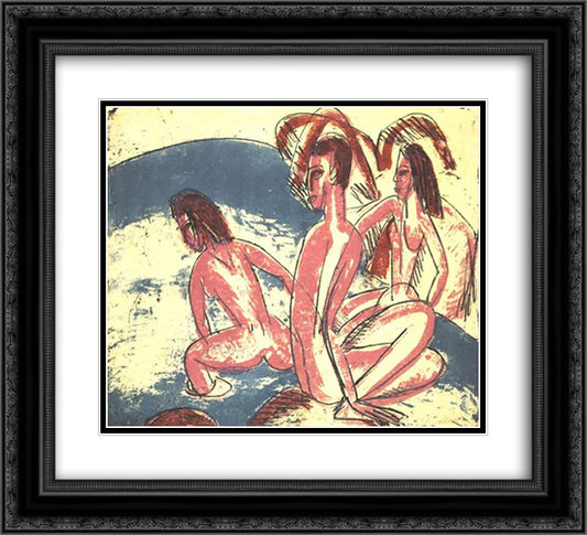 Tree Bathers Sitting on Rocks 22x20 Black Ornate Wood Framed Art Print Poster with Double Matting by Kirchner, Ernst Ludwig