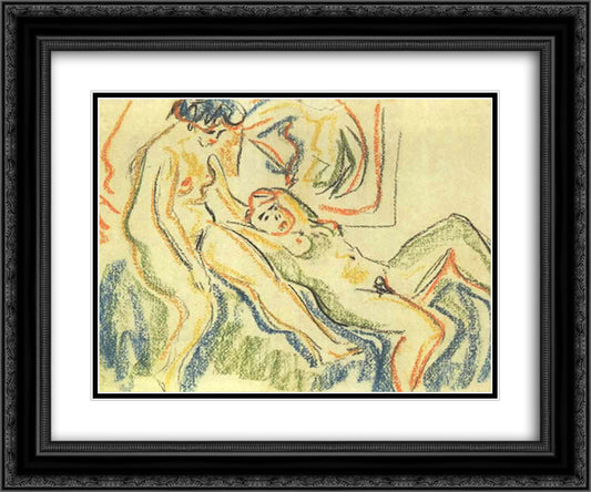 Two Female Nudes at a Couch 24x20 Black Ornate Wood Framed Art Print Poster with Double Matting by Kirchner, Ernst Ludwig