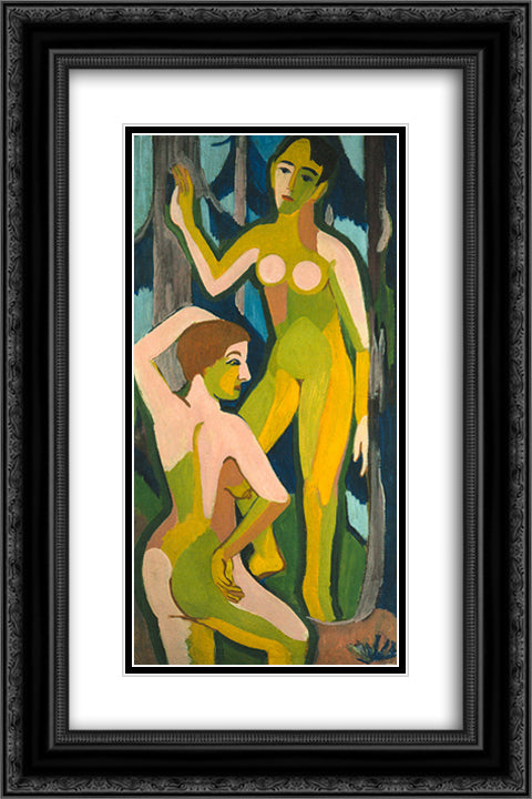 Two Nudes in the Wood II 16x24 Black Ornate Wood Framed Art Print Poster with Double Matting by Kirchner, Ernst Ludwig