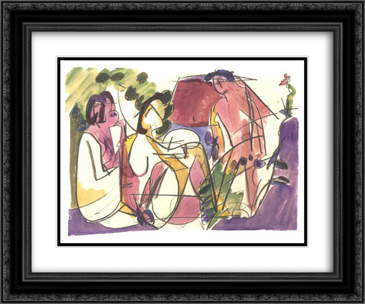 Two Seated Woman and a Striding Man 24x20 Black Ornate Wood Framed Art Print Poster with Double Matting by Kirchner, Ernst Ludwig