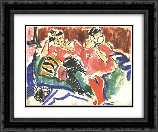 Two Women at a Couch 24x20 Black Ornate Wood Framed Art Print Poster with Double Matting by Kirchner, Ernst Ludwig