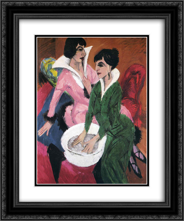 Two Women with Sink 20x24 Black Ornate Wood Framed Art Print Poster with Double Matting by Kirchner, Ernst Ludwig