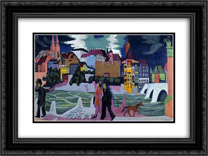 View of Basel and the Rhine 24x18 Black Ornate Wood Framed Art Print Poster with Double Matting by Kirchner, Ernst Ludwig