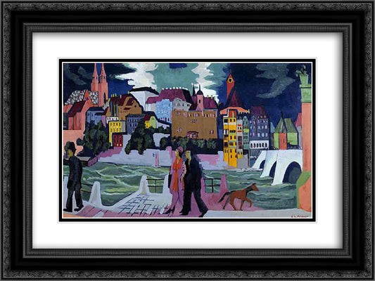 View of Basel and the Rhine 24x18 Black Ornate Wood Framed Art Print Poster with Double Matting by Kirchner, Ernst Ludwig