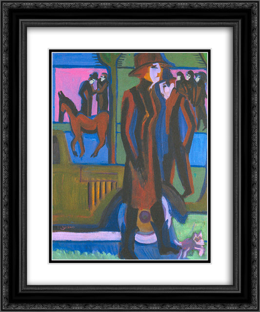 Walking Woman with Dog 20x24 Black Ornate Wood Framed Art Print Poster with Double Matting by Kirchner, Ernst Ludwig