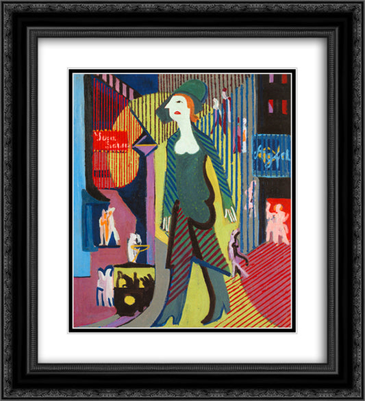 Woman is Walking over a Nighty Street 20x22 Black Ornate Wood Framed Art Print Poster with Double Matting by Kirchner, Ernst Ludwig