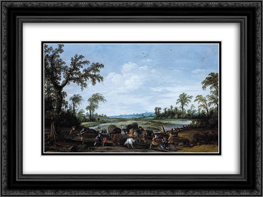 Bandits Attacking a Caravan of Travellers 24x18 Black Ornate Wood Framed Art Print Poster with Double Matting by Velde, Esaias van de