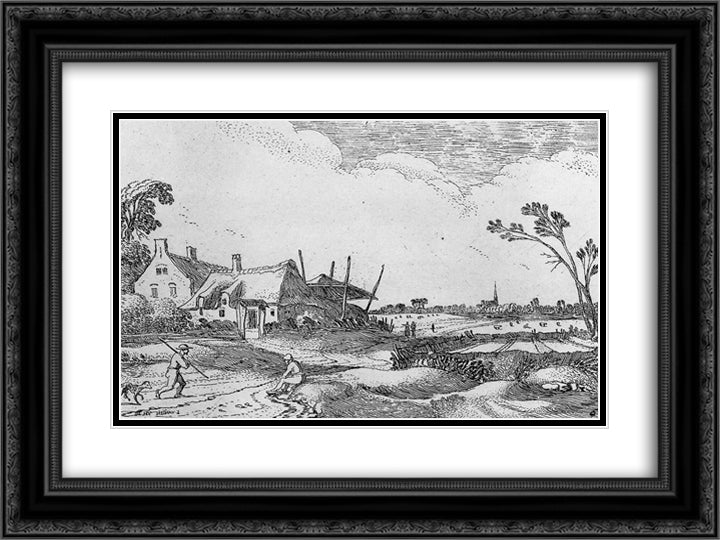 Farm in landscape 24x18 Black Ornate Wood Framed Art Print Poster with Double Matting by Velde, Esaias van de