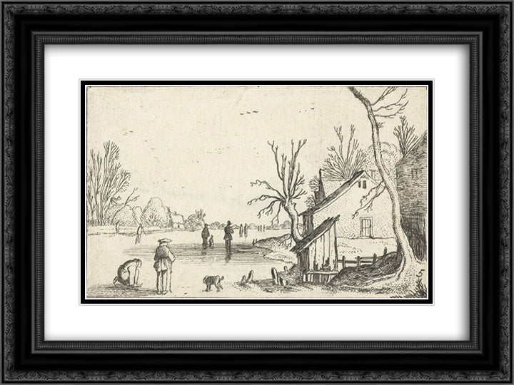 Farm near frozen river with skaters on the ice 24x18 Black Ornate Wood Framed Art Print Poster with Double Matting by Velde, Esaias van de
