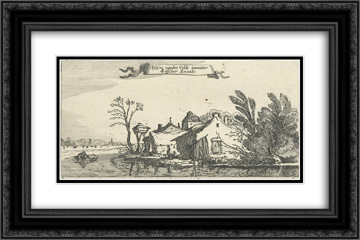 Farmhouse with dovecote on a river 24x16 Black Ornate Wood Framed Art Print Poster with Double Matting by Velde, Esaias van de