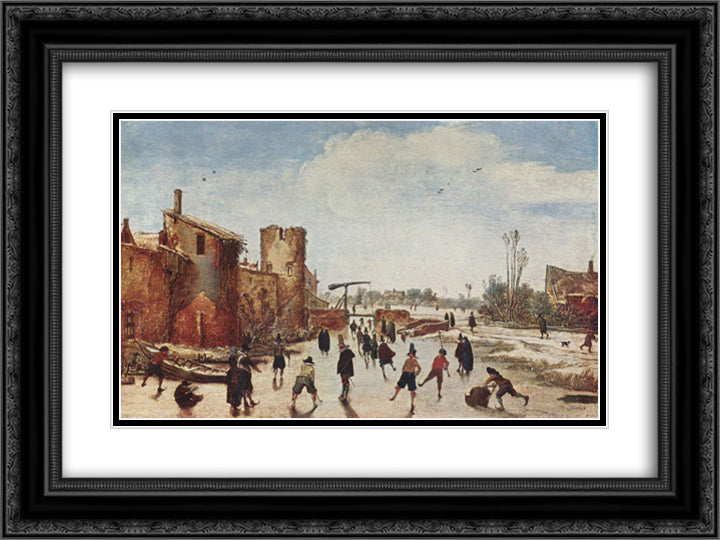 Ice on the moat entertainment 24x18 Black Ornate Wood Framed Art Print Poster with Double Matting by Velde, Esaias van de