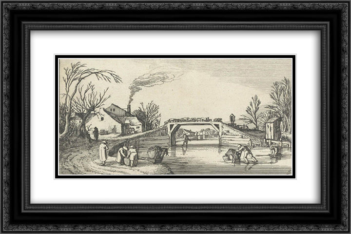 Landscape with Skaters on a bridge with sheep 24x16 Black Ornate Wood Framed Art Print Poster with Double Matting by Velde, Esaias van de