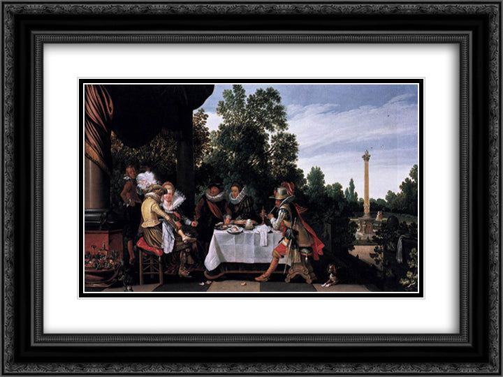 Merry company banqueting on a terrace 24x18 Black Ornate Wood Framed Art Print Poster with Double Matting by Velde, Esaias van de