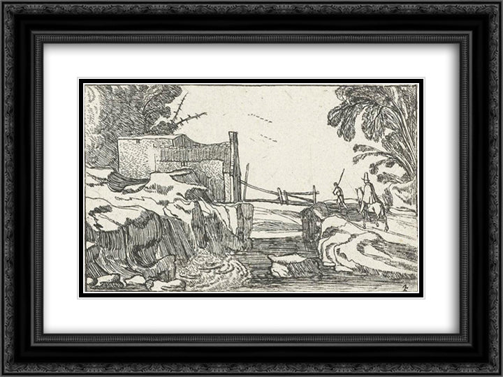 Road next to a waterfall 24x18 Black Ornate Wood Framed Art Print Poster with Double Matting by Velde, Esaias van de