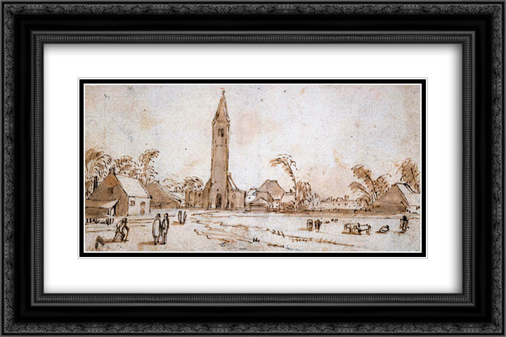Spaarnwoude 24x16 Black Ornate Wood Framed Art Print Poster with Double Matting by Velde, Esaias van de